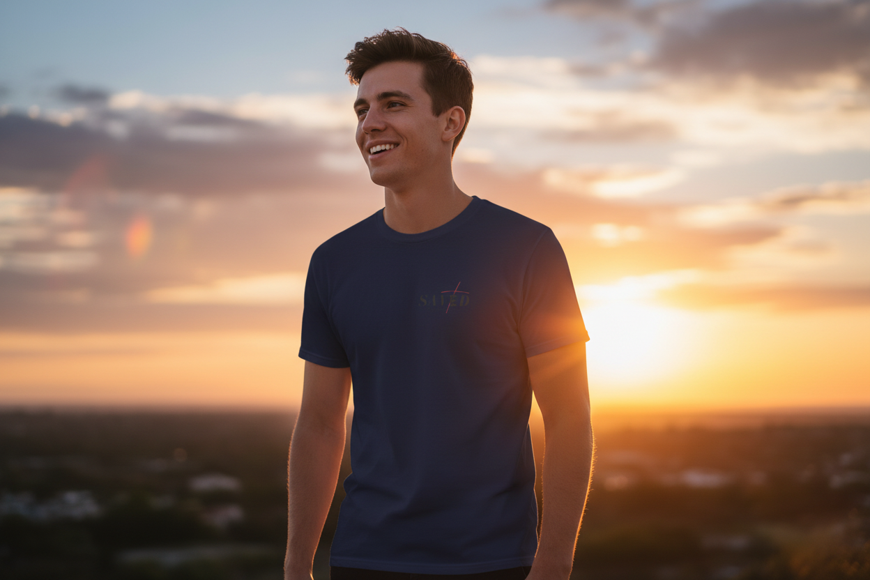 Person wearing navy blue t-shirt at sunset